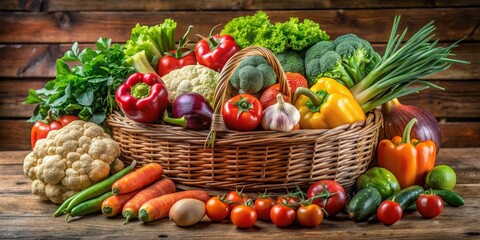 A Basket Full of Fresh Vegetables, Wicker Basket, Fresh Produce, Wooden Background, Vegetables ,basket, fresh