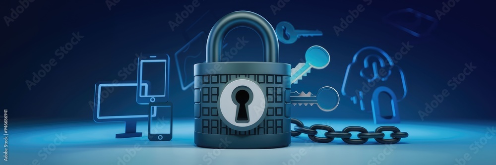 Poster digital security padlock representing online protection and data processing, showcasing global techn