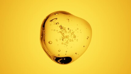 Clear liquid drop with little air bubbles inside on an orange  background. Abstract 3d Animation for Science and Cosmetics Motion Design