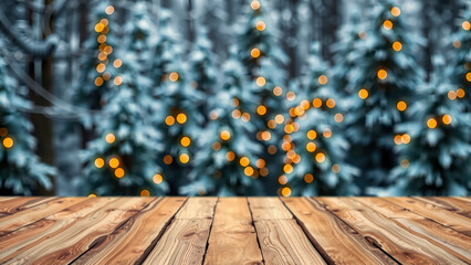 Snowy forest with blurred Christmas lights and wooden table foreground