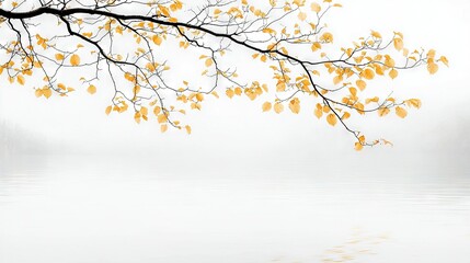   A tree branch with yellow leaves hanging over a body of water on a foggy day