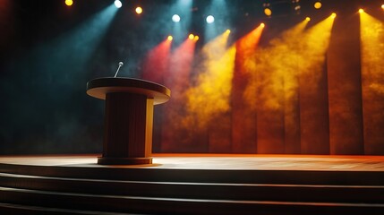 A podium and stand set up on a stage for an important announcement