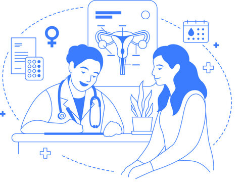 Gynecology doctor with patient one color illustration. Woman consultation with gynecologist. OB GYN office, medical line art icons isolated. Healthcare banner infographic concept with editable stroke.