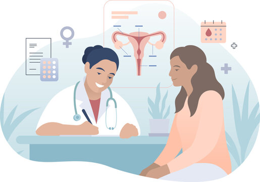 Gynecology doctor with patient flat color illustration. Woman consultation with gynecologist. OB GYN office, medical icons isolated on white background. Healthcare banner infographic concept.