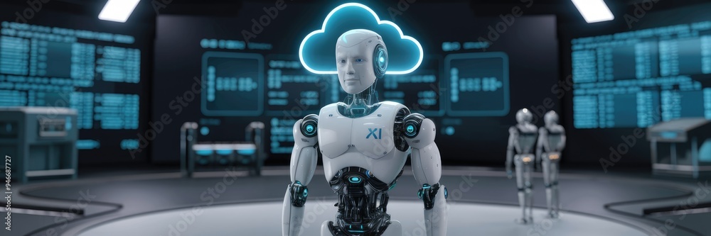 Poster futuristic 3d illustration of an ai robot utilizing cloud computing technology for online data stora