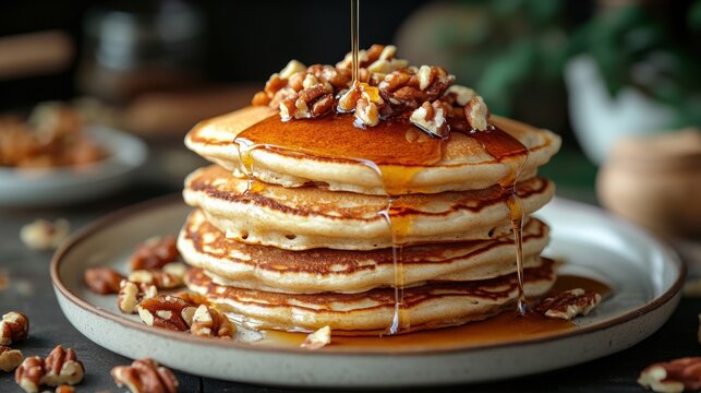 delicious twist on a breakfast classic yogurt pancakes with maple syrup and mixed nuts