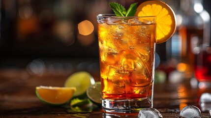Refreshing iced tea with citrus garnishes served in a clear glass on a wooden table in a cozy bar setting