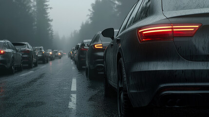 Endless Traffic Jam: A Long Line of Cars Stuck on the Highway Caused by a Construction Site Disrupting the Flow of Traffic Indefinitely