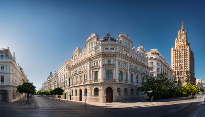 Fototapeta premium Sunrise over a historic European city street with classical architecture
