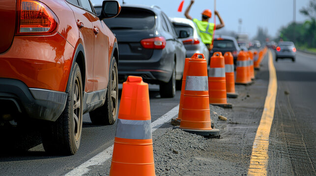 Endless Traffic Jam: A Long Line of Cars Stuck on the Highway Caused by a Construction Site Disrupting the Flow of Traffic Indefinitely