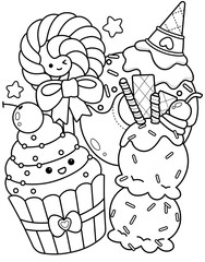 Ice cream ,cupcake, doughnut, lollipop doodle coloring pages 