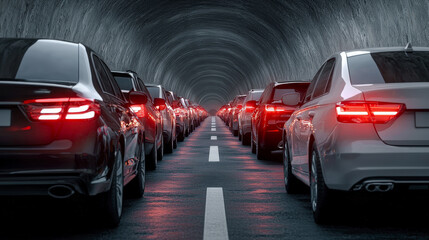 Endless Traffic Jam: A Long Line of Cars Stuck on the Highway Caused by a Construction Site Disrupting the Flow of Traffic Indefinitely