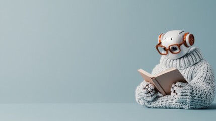 Obraz premium A futuristic robot, comfortably donned in a thick knit sweater, is seen peacefully reading a book against a plain background, combining elements of tech and tranquility.