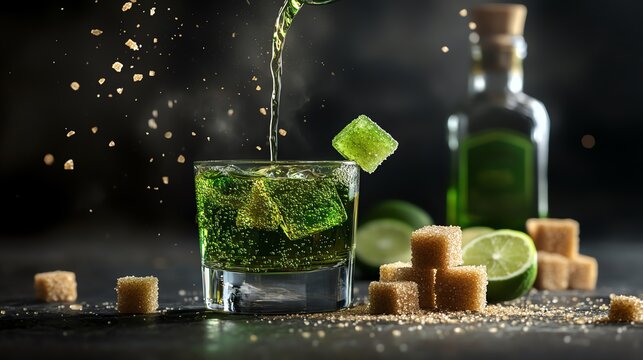 Macro shot of absinthe pouring into a glass