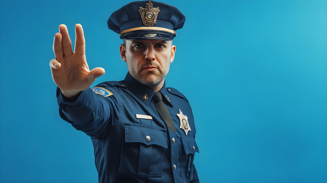 Intense Male Officer in Full Uniform Projecting Authority and Seriousness