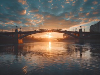 Obraz premium A serene sunset over the river with a bridge silhouette in the foreground and colorful clouds reflecting on the water's surface