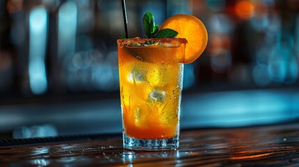 Refreshing citrus cocktail served over ice with garnishes in a vibrant bar setting during the evening