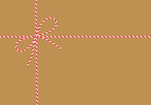 Kraft paper background, gift tied up with cotton red rope bakers twine bow and ribbons. Packing string for decoration, present, pastry boxes for New Year, Christmas. Vector EPS10	