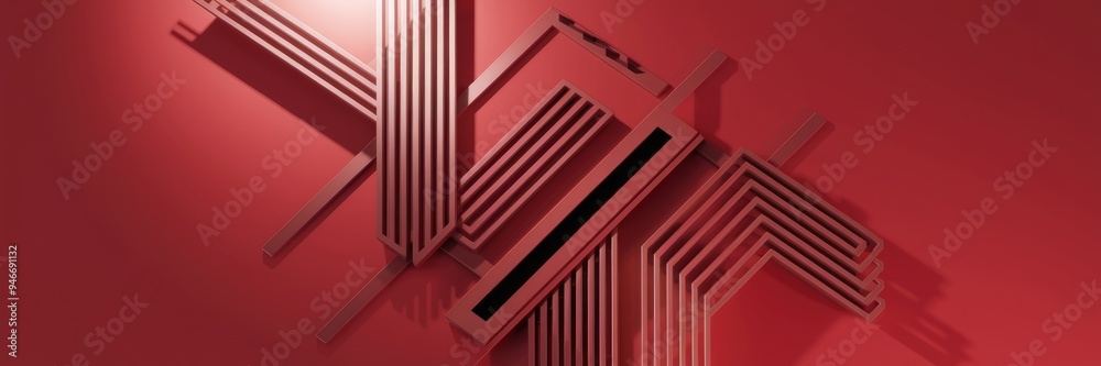 Poster abstract geometric red background featuring linear shapes and a dynamic light composition. modern 3d