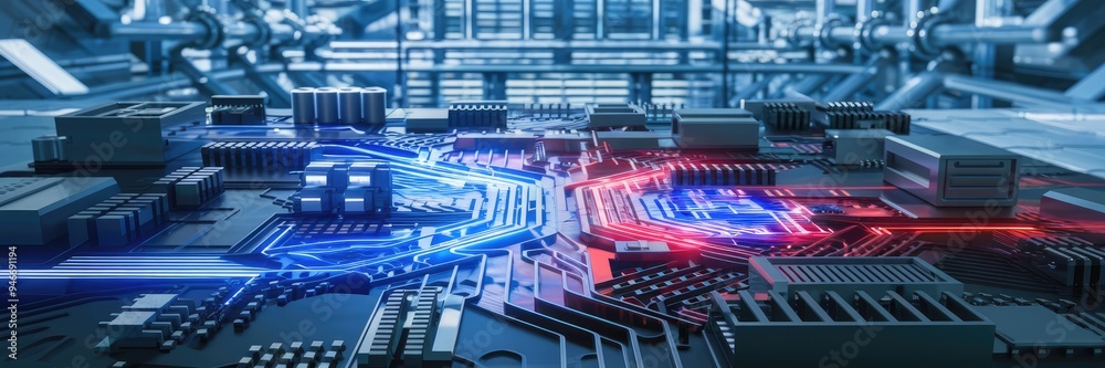 Poster abstract lines on a printed circuit board representing advanced technology.