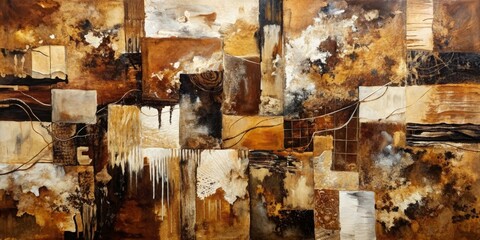 Abstract Collage in Earthy Tones, Acrylic on Canvas, Geometric Shapes, Brown, Beige, Black, Abstract Art