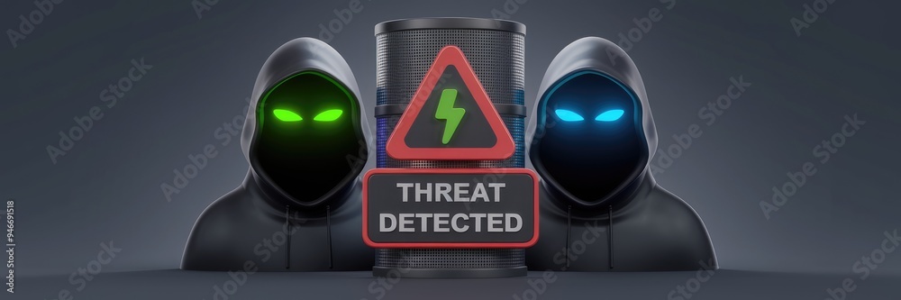 Poster cybersecurity and hacking concepts: alert sign for threat detection and protection against intrusion