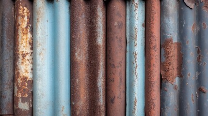 A row of rusty corrugated metal sheets showcasing a rugged and industrial aesthetic, highlighting patterns of age, wear, and texture, ideal for industrial and grunge themes.