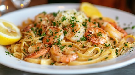 A plate of linguine with shrimp and a garlic-lemon sauce, garnished with chopped parsley and served with a lemon wedge