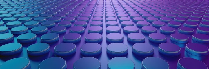 Vibrant 3D digital artwork featuring a field of cylindrical shapes in bold blue and purple hues with a metallic finish, delivering a captivating visual texture.