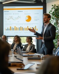 A green energy investor pitching to a room of executives, with charts and graphs showing the potential of renewable investments