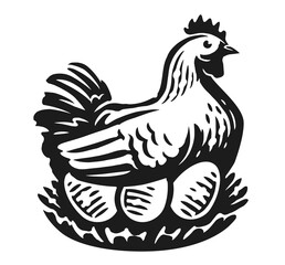 Hen with eggs in a nest. Poultry farm, chicken. Hand drawn black and white drawing
