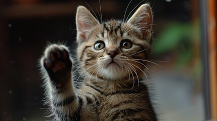 Obraz premium A curious striped kitten reaches out with paw at sunset, showcasing playful innocence in a domestic setting