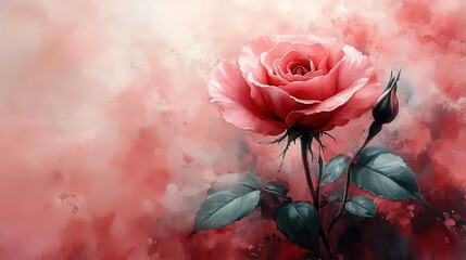 dreamy watercolor pink rose delicate petals soft romantic hues ethereal floral illustration subtle valentines day theme gentle brushstrokes pastel elegance on rosy background