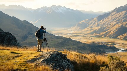 A photographer capturing a landscape with a digital camera on a tripod, surrounded by scenic mountains and a clear sky