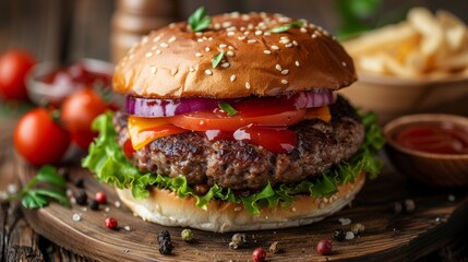 Juicy hamburger with fresh toppings served on a wooden board alongside crispy fries and colorful...