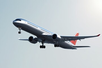 Elegant Silver Airliner Flying Against a Bright White Background - 3D Travel Concept