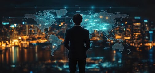 A business leader standing in front of a digital map of the world, highlighting regions of green energy investment and development