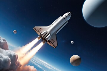 Polished Silver Space Shuttle Ascending Towards Stars - A 3D Exploration Marvel