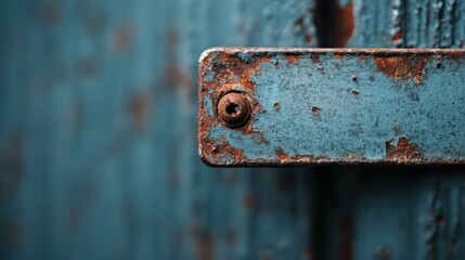 An old blue metal plate with a prominently rusty screw is showcased in this image, highlighting the natural deterioration and the passage of time through corrosion and wear.