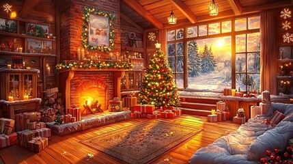   A cozy Christmas living room, complete with a tree in the corner and a fireplace in the center, exudes warmth and holiday cheer