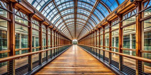 Fototapeta premium Arched Glass Walkway with Wood and Steel, Glass Ceiling, Architecture, Design , Construction , Modern