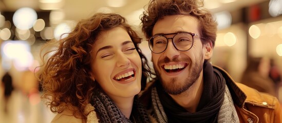 Smiling couple with brown curly hair, man wearing glasses, enjoying shopping in the mall, stylishly dressed, laughing together.