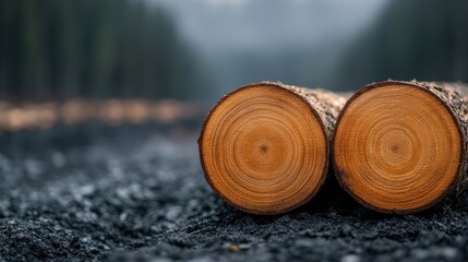 Two freshly cut logs with visible tree rings are placed on a rugged path in a forest, showcasing the natural beauty of timber and the serenity of woodland life.