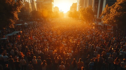 Golden Hour Concert Crowd: A breathtaking aerial view captures a massive crowd at an outdoor concert, bathed in the warm glow of a setting sun. The energy is palpable.