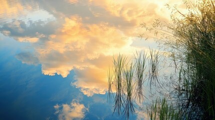 Water Reflection of Clouds and Grass