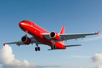 Vibrant Red Passenger Aircraft Soaring Isolated on White Background 3D Rendering