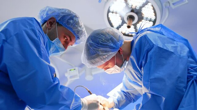 Male doctors co-working at surgery use electric medical devices. Round lamp switched on behind the medics on the ceiling. Low angle view.