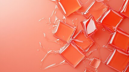   A cluster of orange glass shards resting atop a rose-hued platform surrounded by cascading water