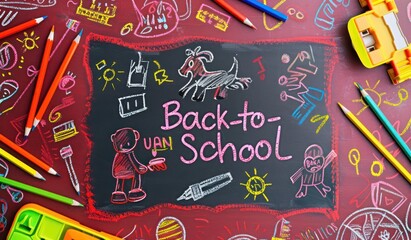 Obraz premium Bright red blackboard with Back-to-school text, surrounded by colorful chalk and pencil drawing doodles Flat lay composition