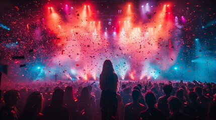 A vibrant concert with a crowd celebrating under colorful lights and confetti at a lively music...